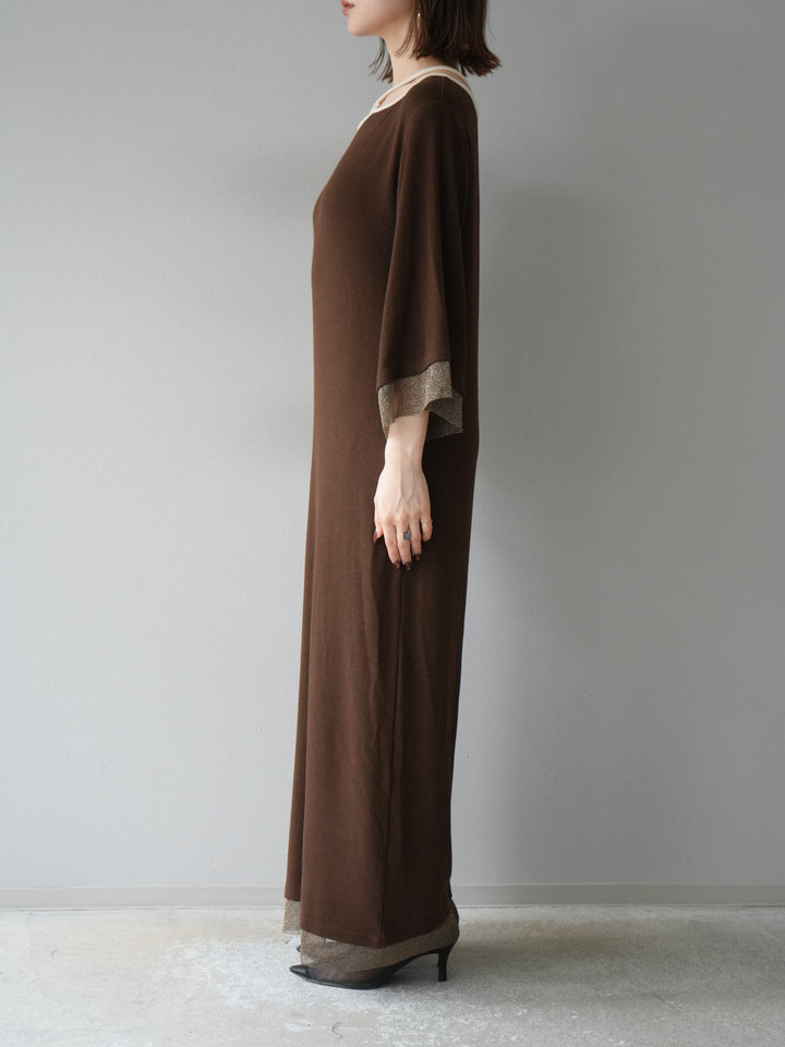 [予約]デザインネックラメシアー切替ニットワンピース/ブラウン