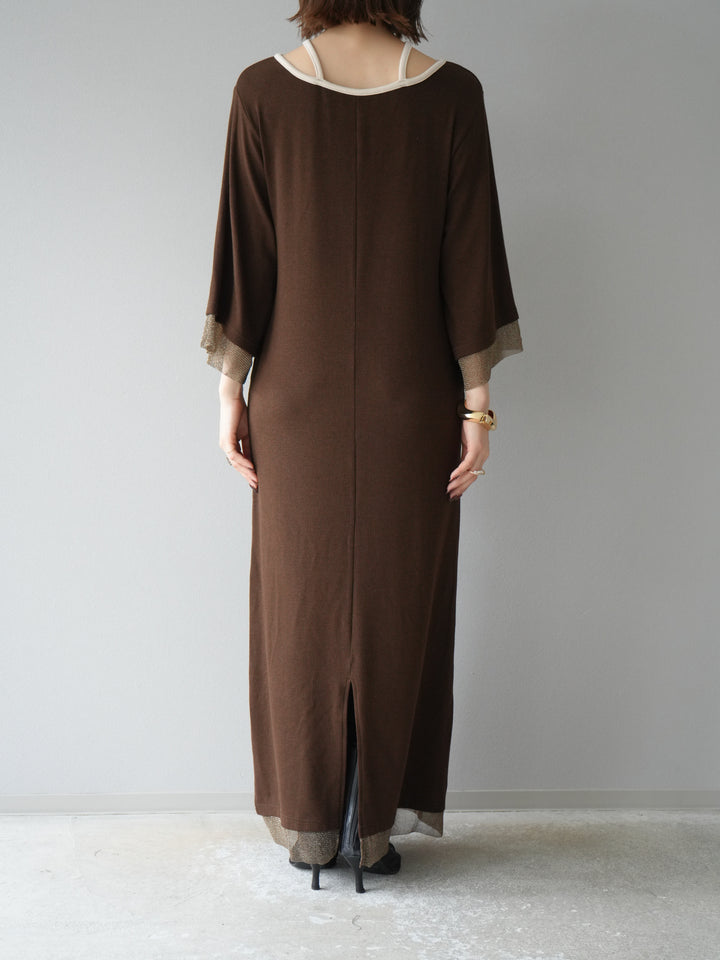 [予約]デザインネックラメシアー切替ニットワンピース/ブラウン