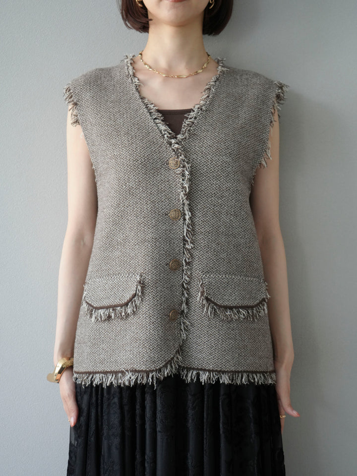 [予約]ツイードライクフリンジニットベスト/ブラウン