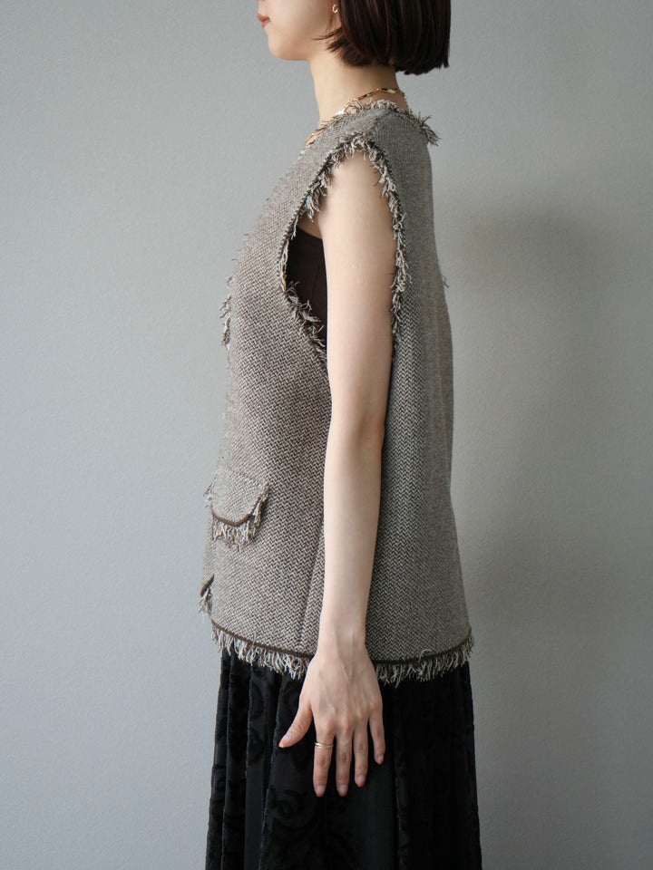 [予約]ツイードライクフリンジニットベスト/ブラウン