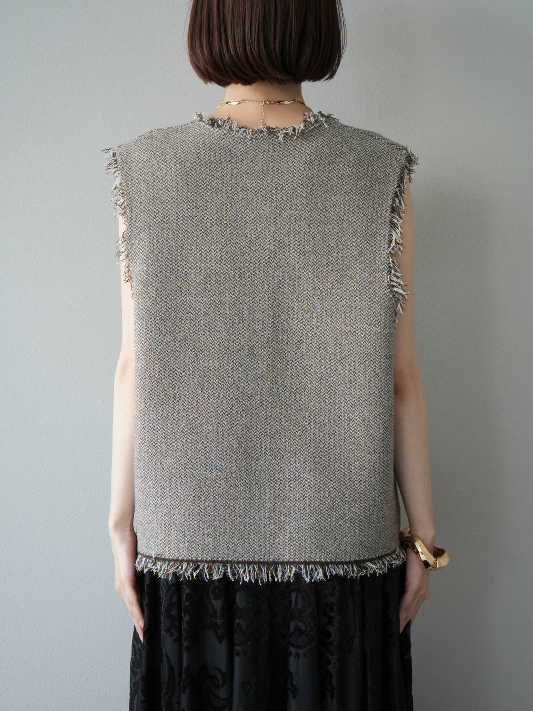 [予約]ツイードライクフリンジニットベスト/ブラウン