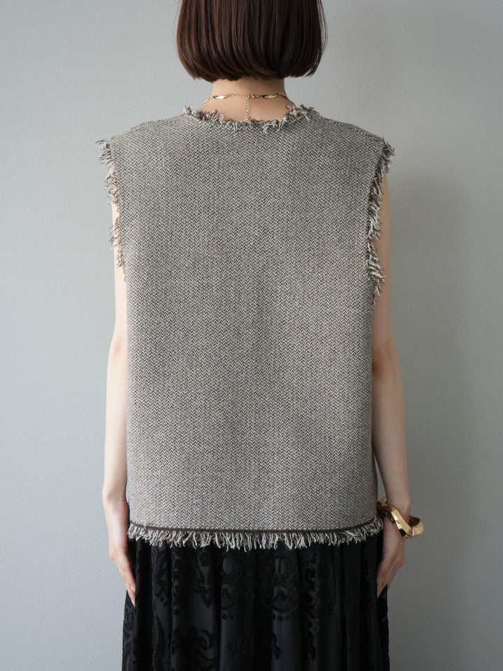 [予約]ツイードライクフリンジニットベスト/ブラウン