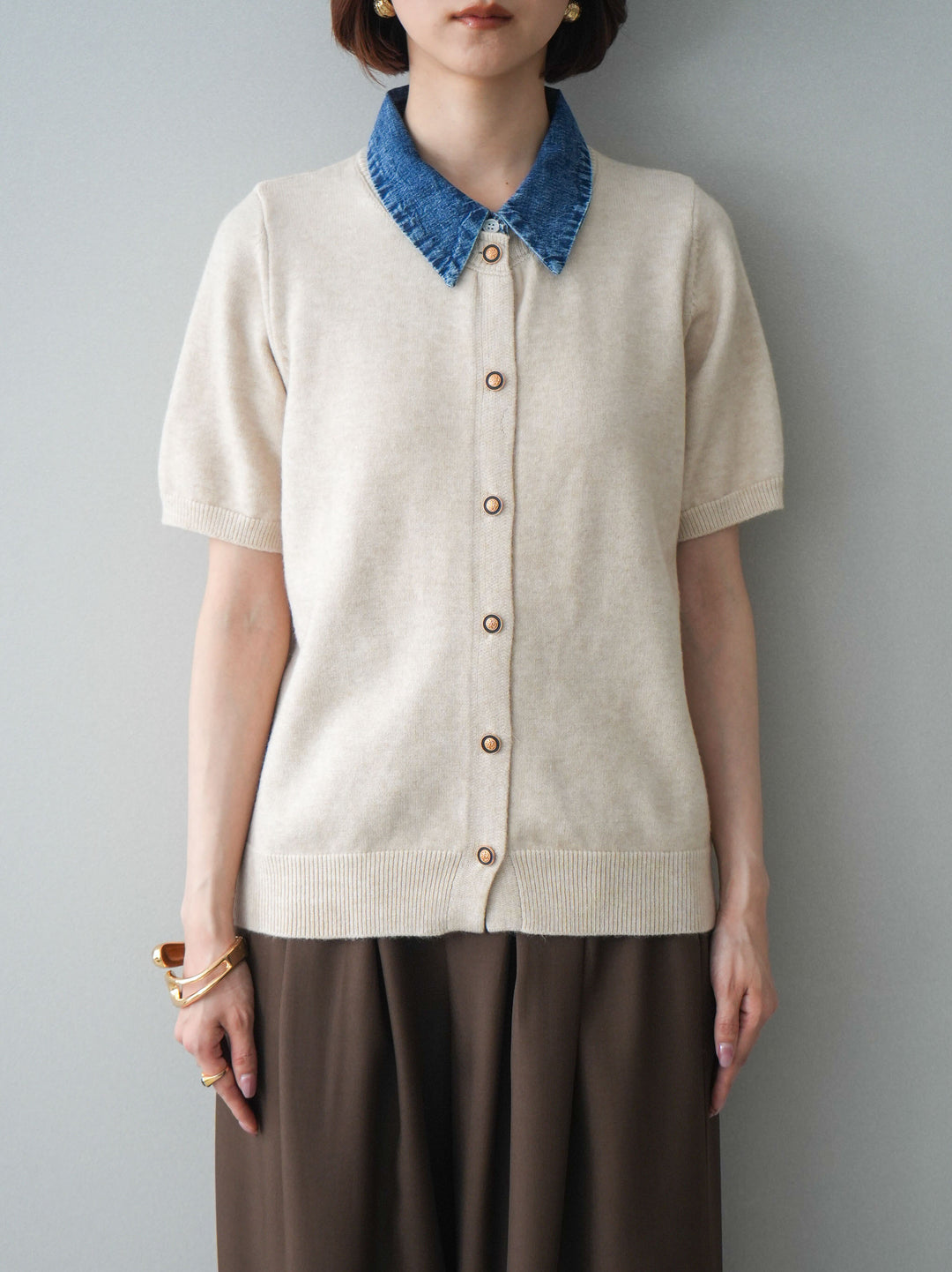 [予約]デニム襟ボタンハーフスリーブニットプルオーバー/beige