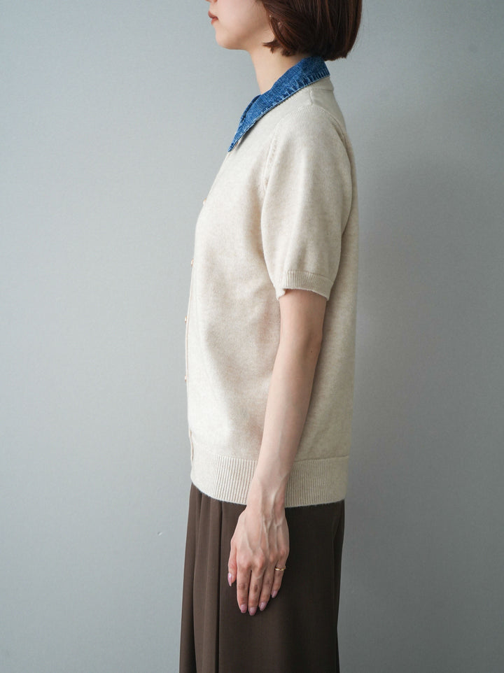 [予約]デニム襟ボタンハーフスリーブニットプルオーバー/beige