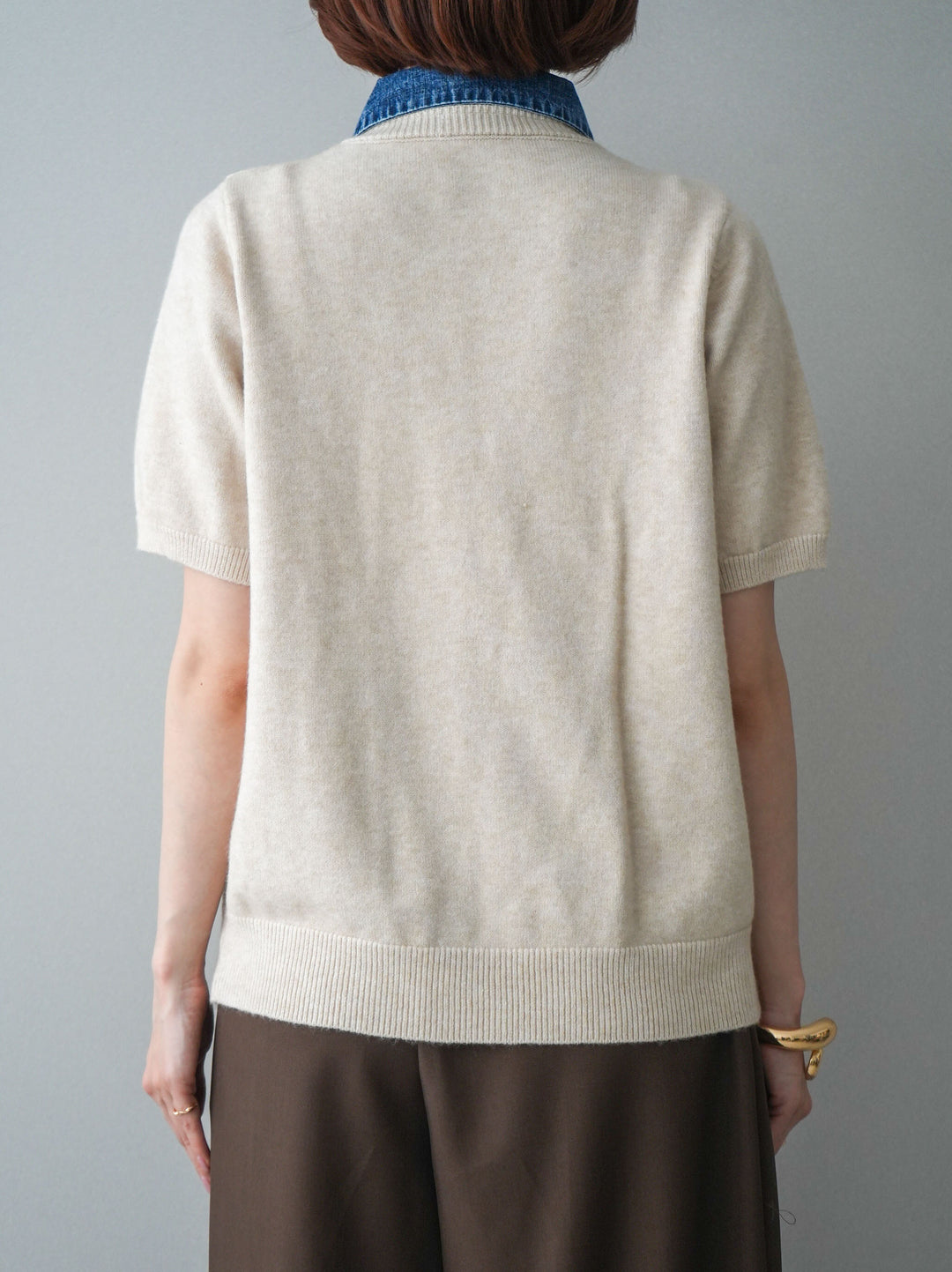 [予約]デニム襟ボタンハーフスリーブニットプルオーバー/beige