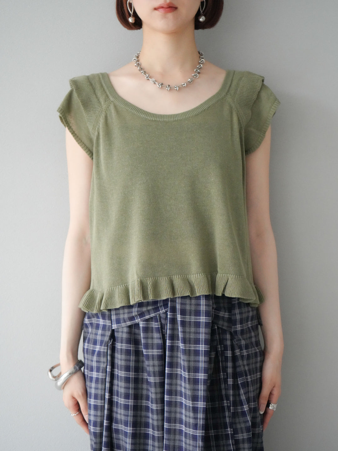 [予約]リネンタッチフリルニットタンクトップ/カーキ