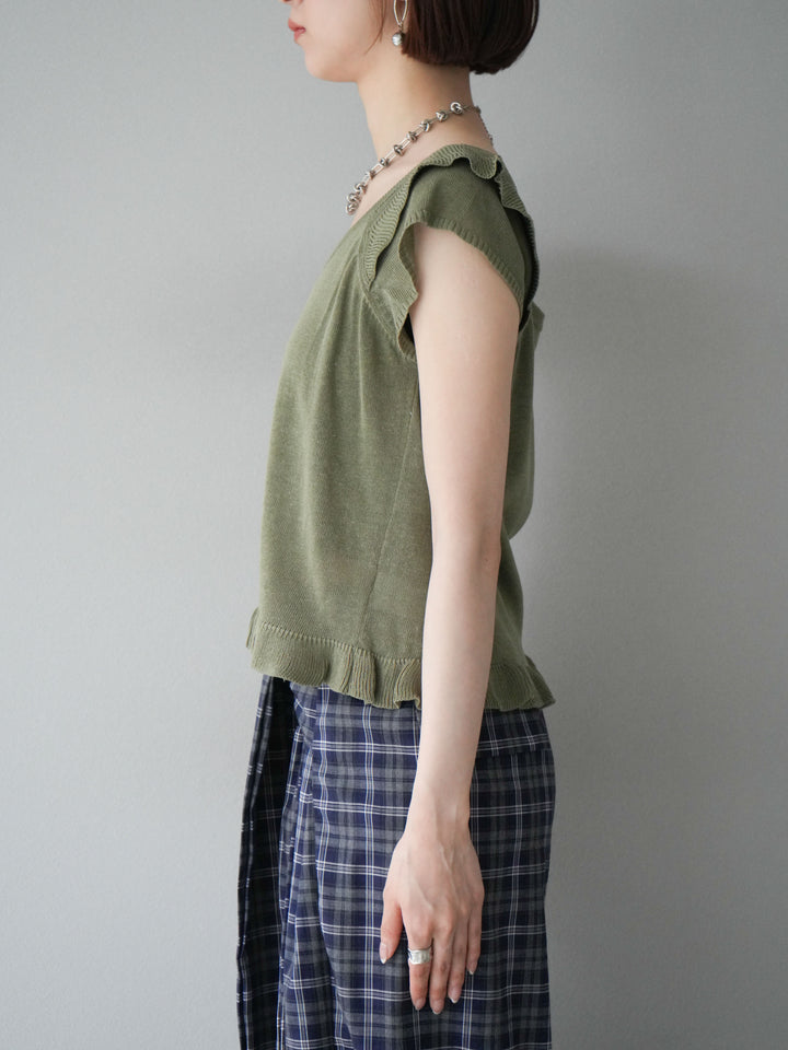 [予約]リネンタッチフリルニットタンクトップ/カーキ