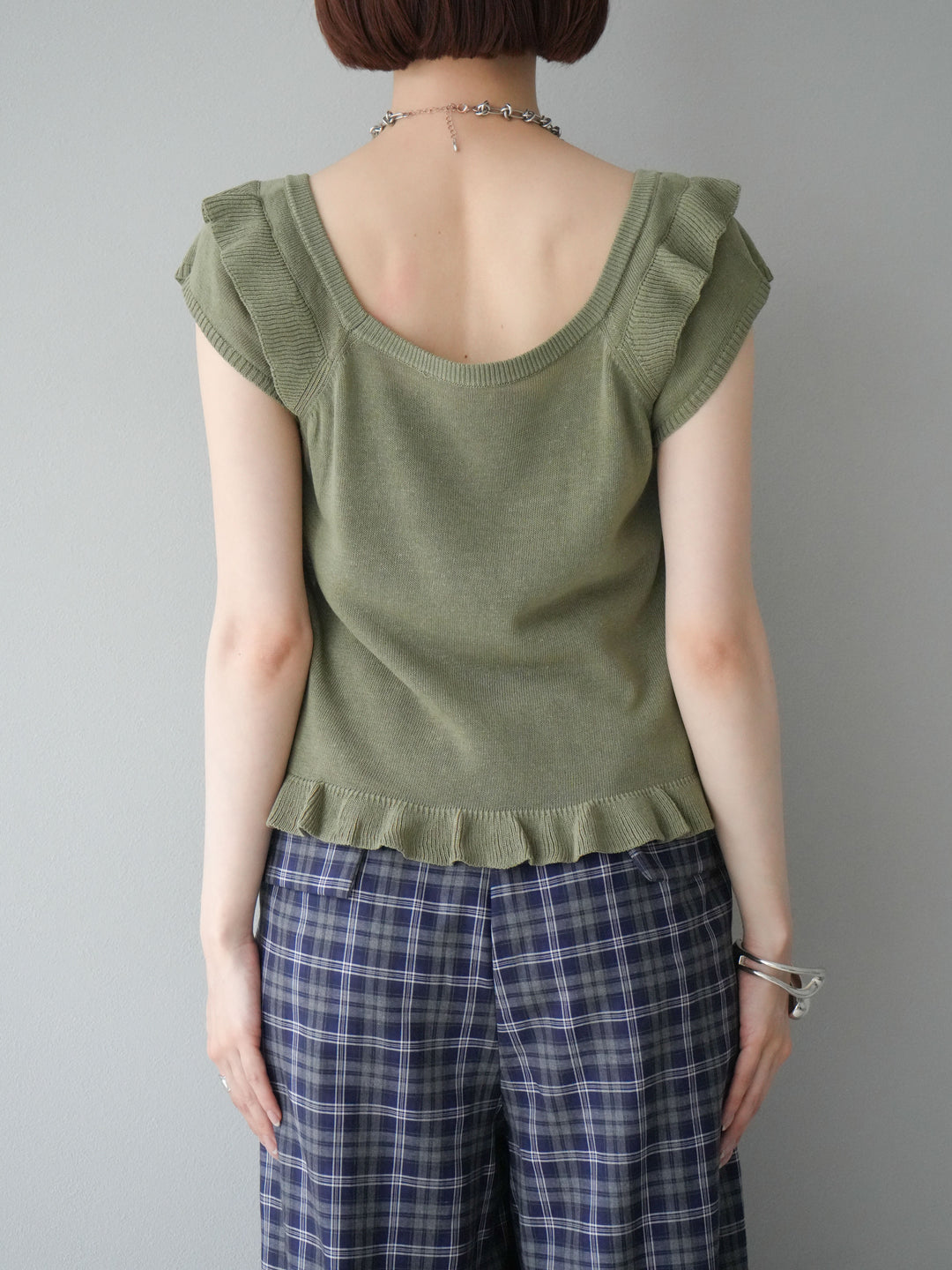 [予約]リネンタッチフリルニットタンクトップ/カーキ