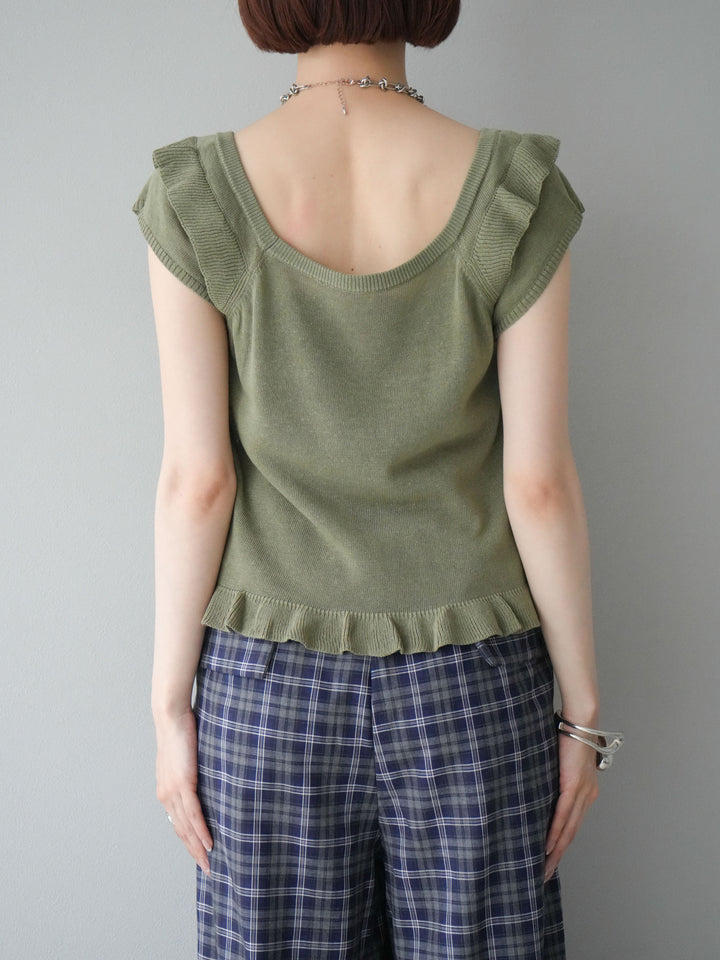 [予約]リネンタッチフリルニットタンクトップ/カーキ