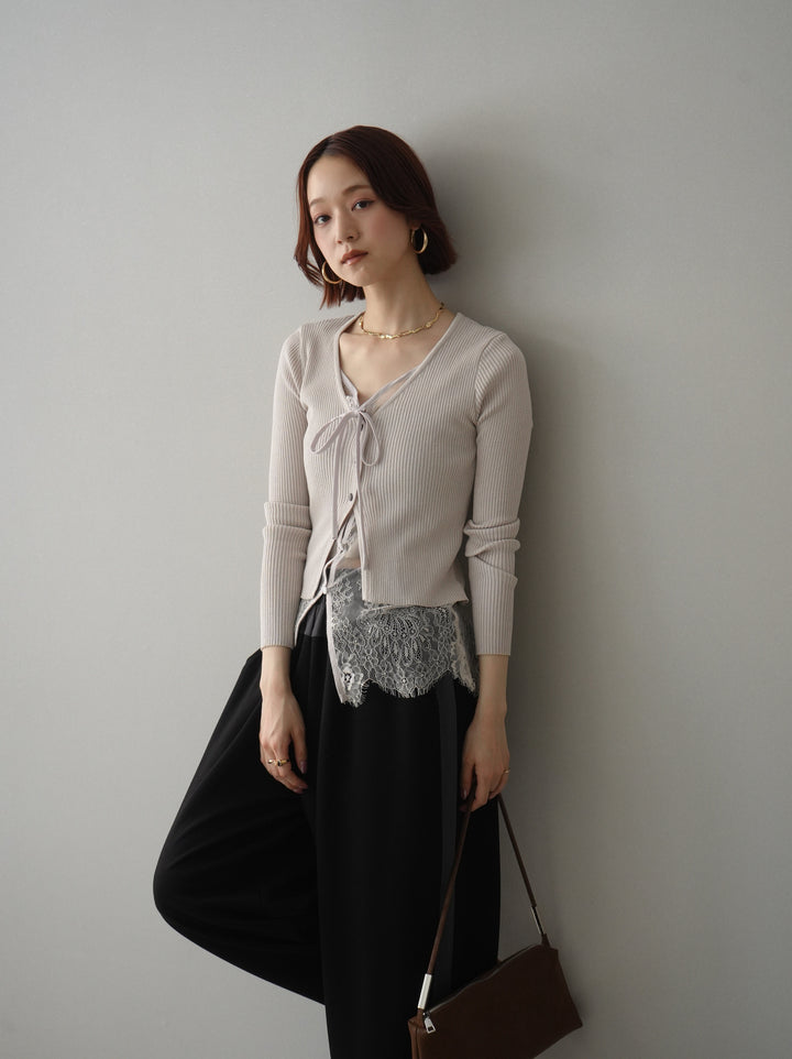 [SET]フロントリボン裾レースリブニットトップス+バイカラー異素材サイドラインライトポンチパンツ(2set)