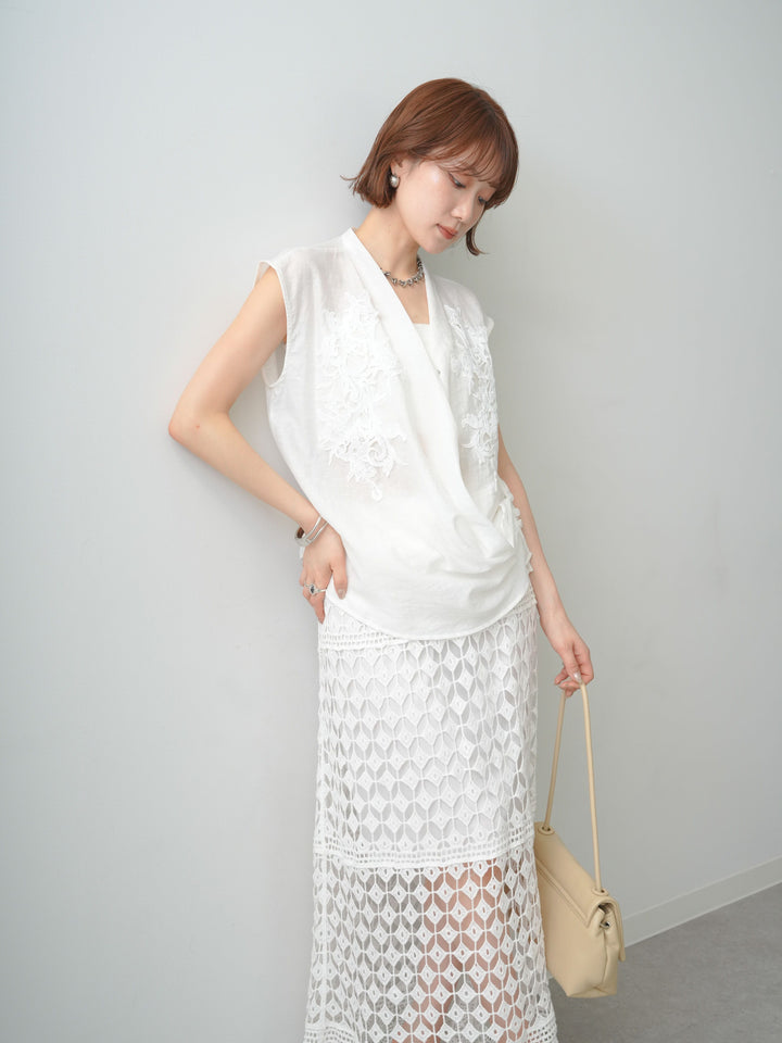 [予約]フロントレースノースリカシュクールブラウス/ white