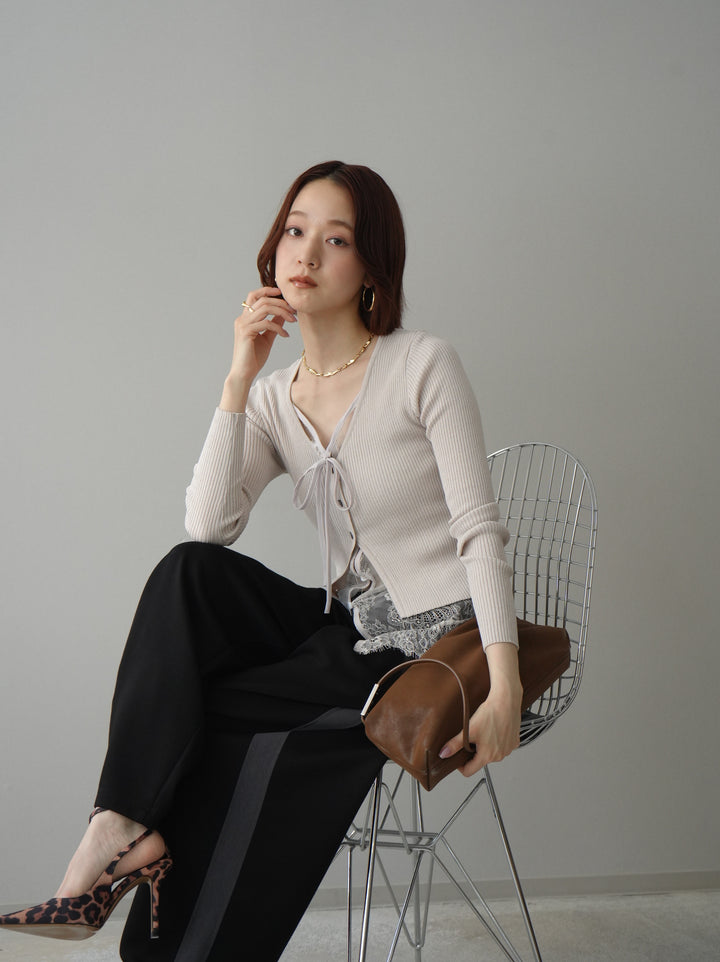 [SET]フロントリボン裾レースリブニットトップス+バイカラー異素材サイドラインライトポンチパンツ(2set)