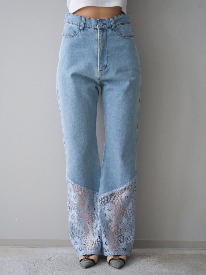 [予約]レース切替フレアデニムパンツ/bleach