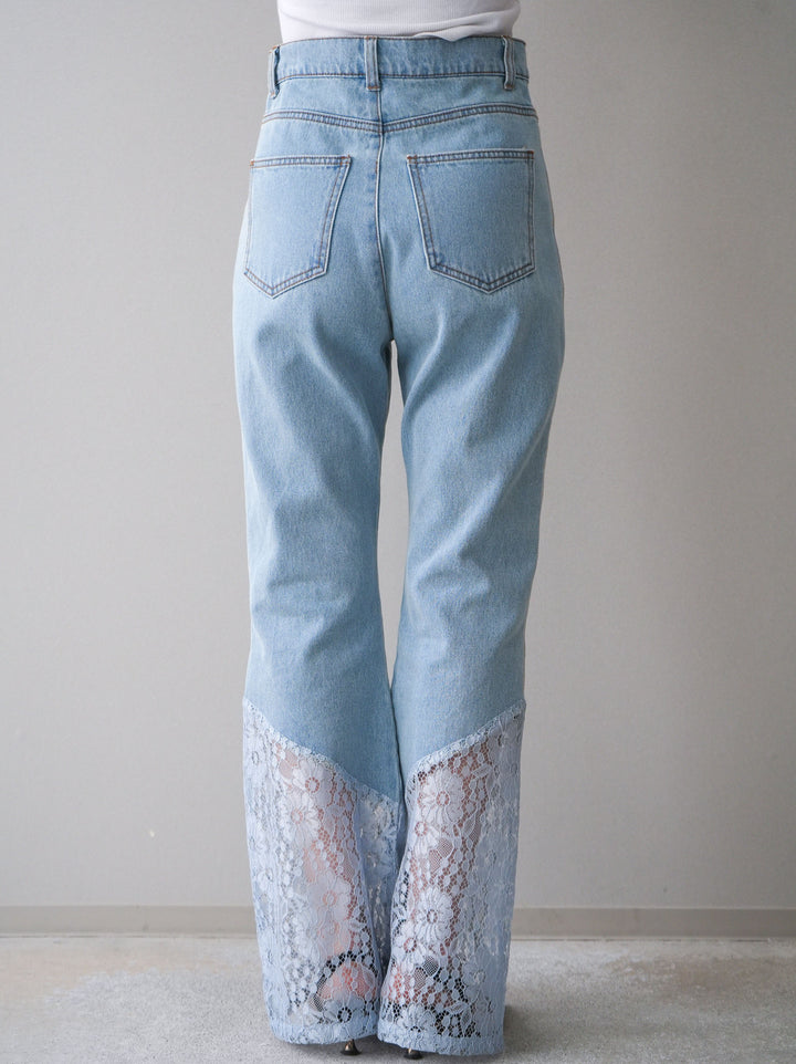 [予約]レース切替フレアデニムパンツ/bleach