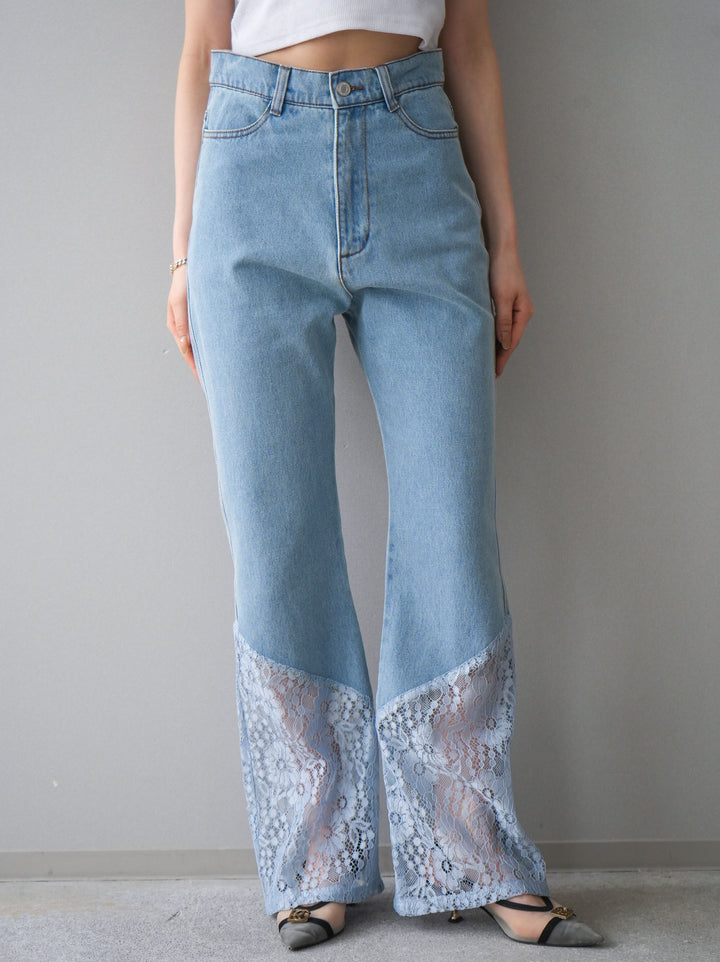 [予約]レース切替フレアデニムパンツ/bleach