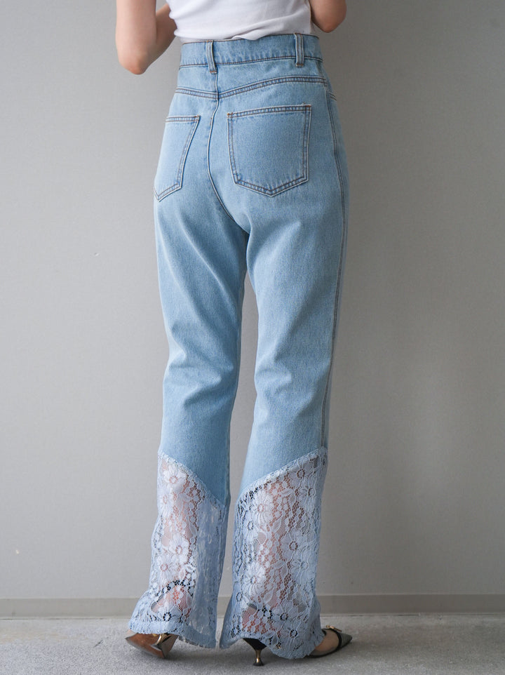 [予約]レース切替フレアデニムパンツ/bleach