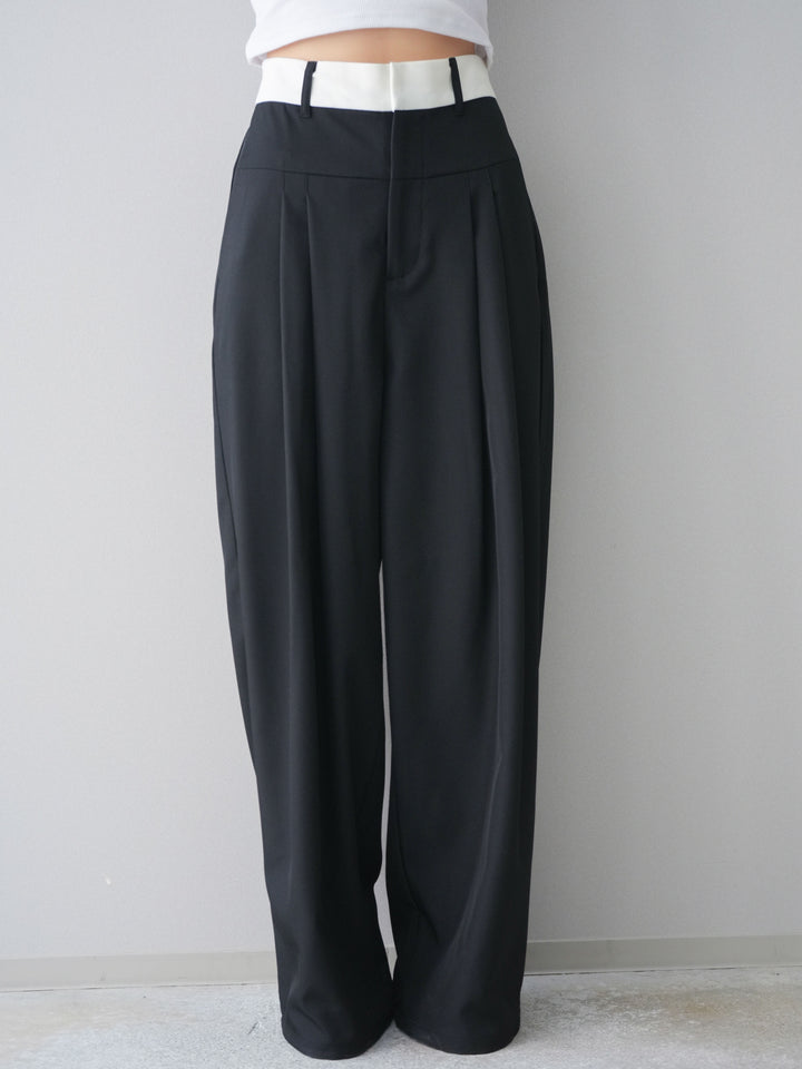 [予約]ウエストバイカラータックワイドパンツ/black