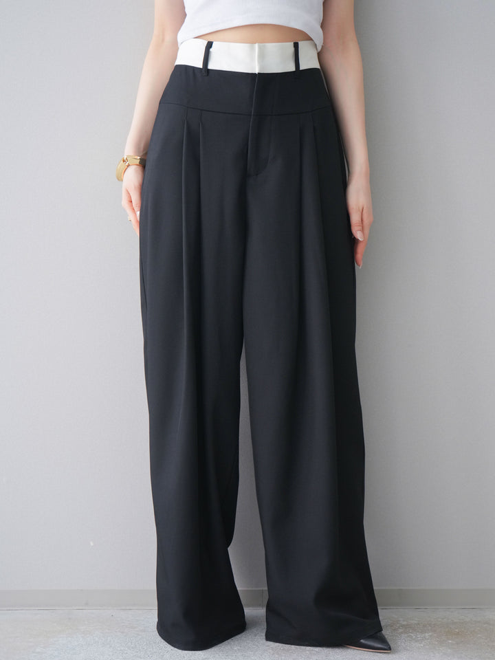 [予約]ウエストバイカラータックワイドパンツ/black