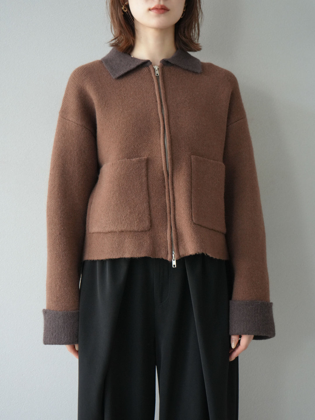 [予約]ポロ襟ジップニットカーディガン/キャメル