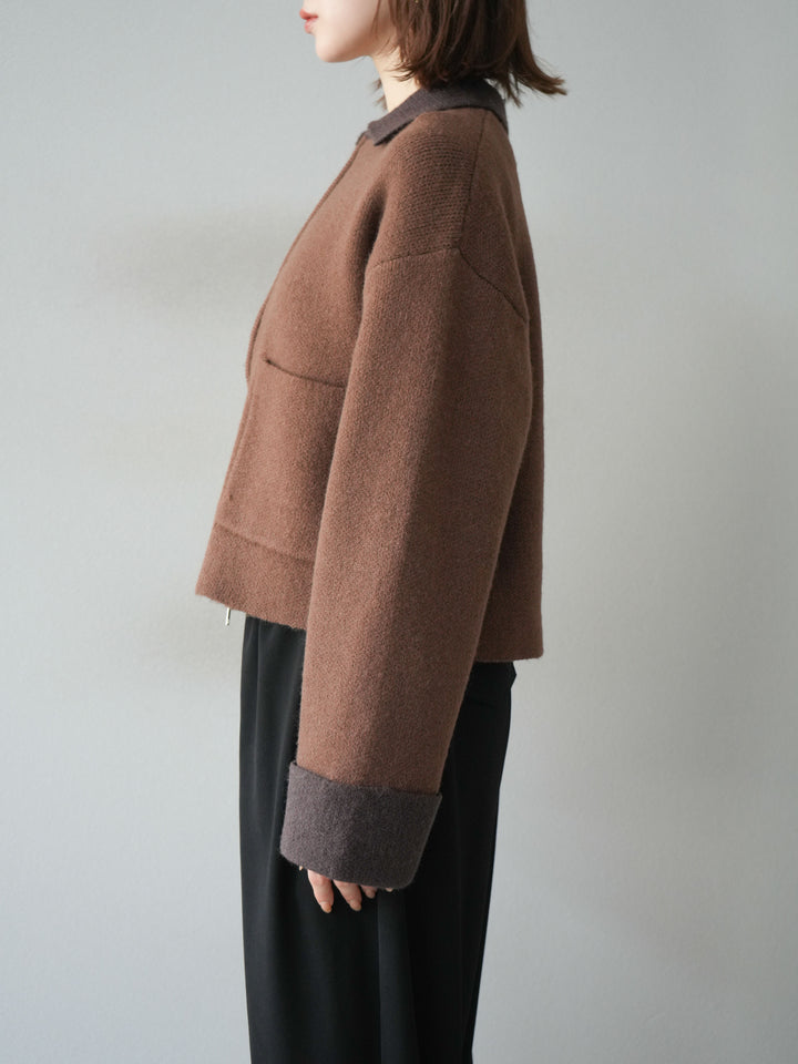 [予約]ポロ襟ジップニットカーディガン/キャメル