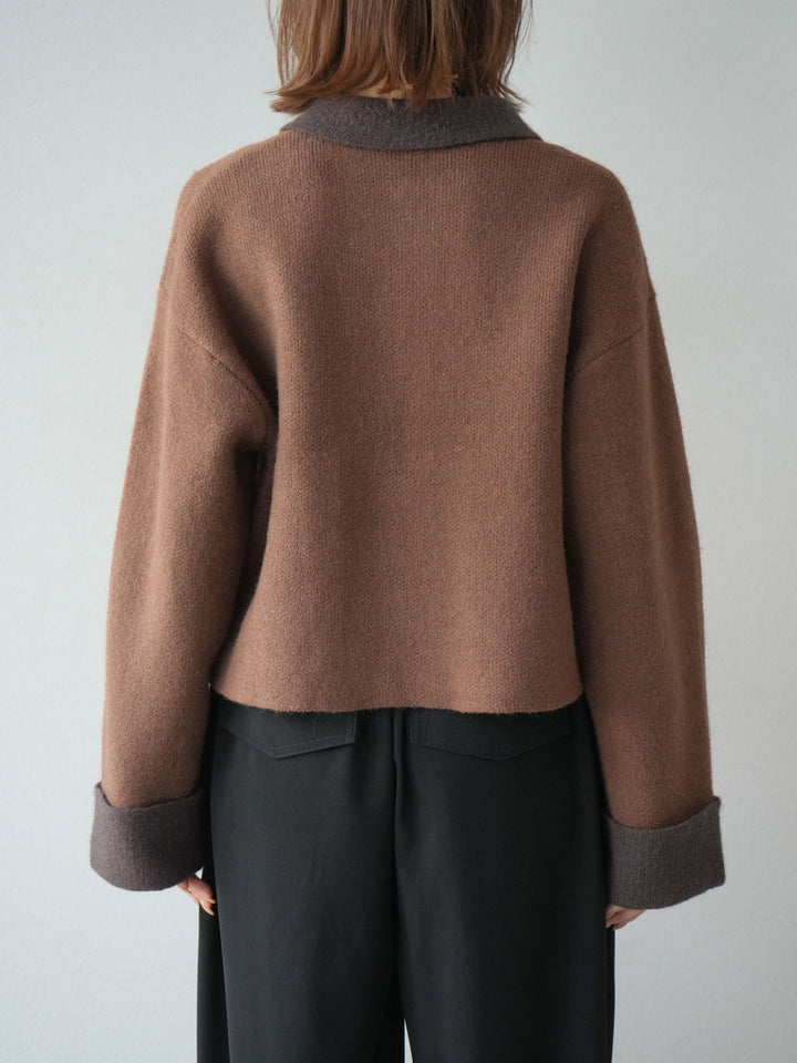 [予約]ポロ襟ジップニットカーディガン/キャメル