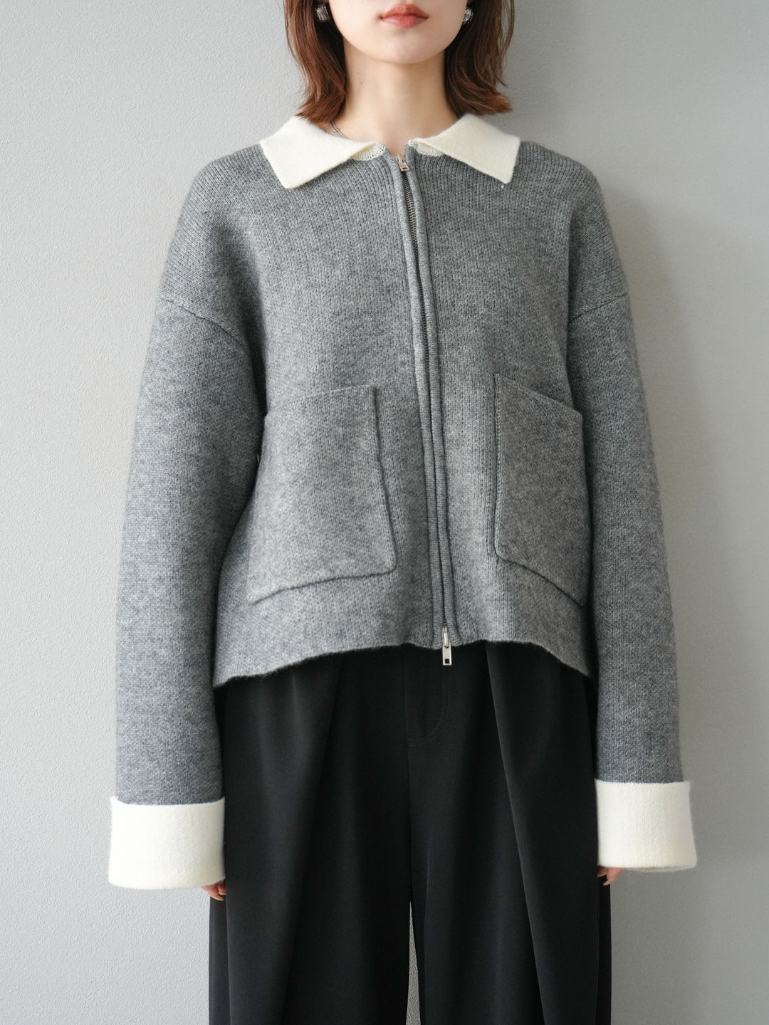[予約]ポロ襟ジップニットカーディガン/チャコール
