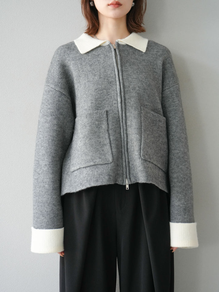 [予約]ポロ襟ジップニットカーディガン/チャコール