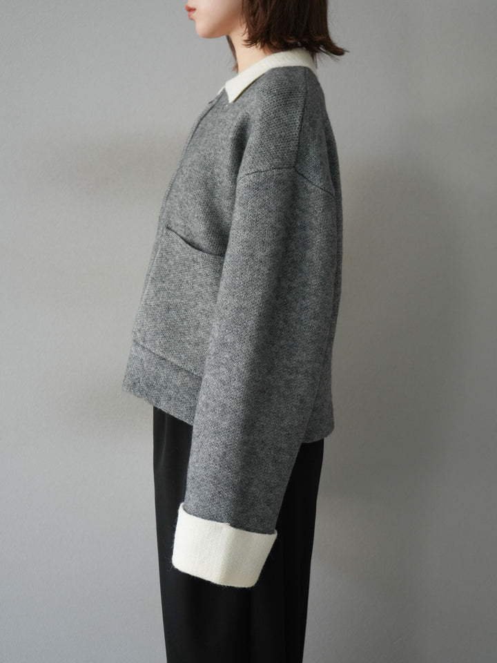 [予約]ポロ襟ジップニットカーディガン/チャコール