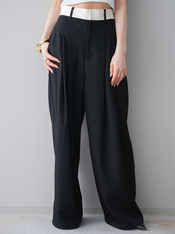 [予約]ウエストバイカラータックワイドパンツ/black