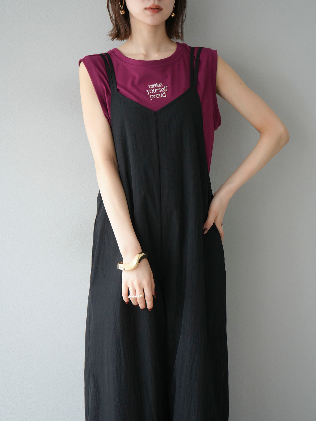 [予約]レーヨンVネックサロペット/ブラック