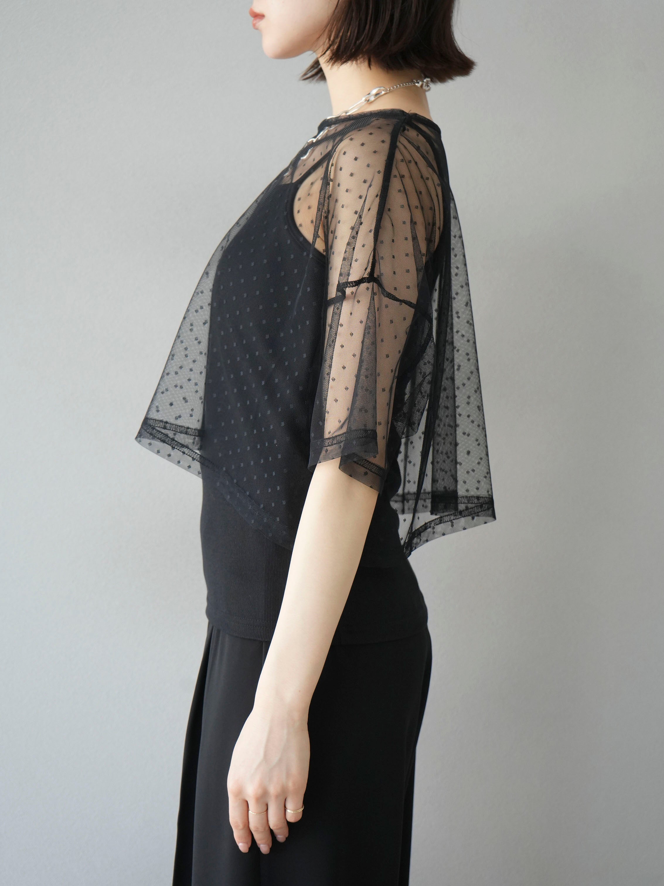予約]クロップドチュールTシャツ×キャミアンサンブル/ドット
