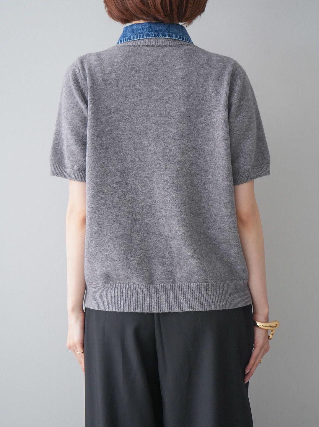 [予約]デニム襟ボタンハーフスリーブニットプルオーバー/gray