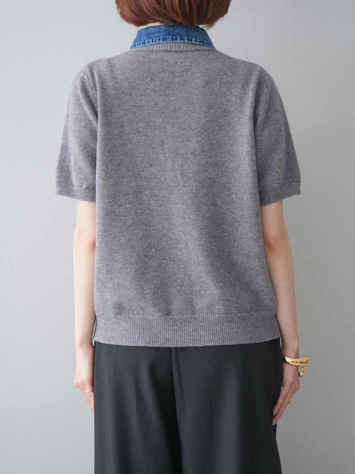 [予約]デニム襟ボタンハーフスリーブニットプルオーバー/gray