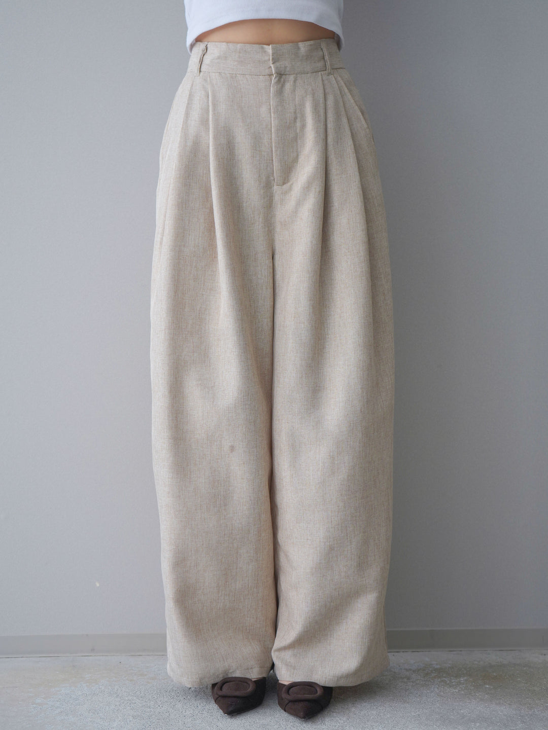 [予約]リネンライクタックワイドパンツ/oatmeal