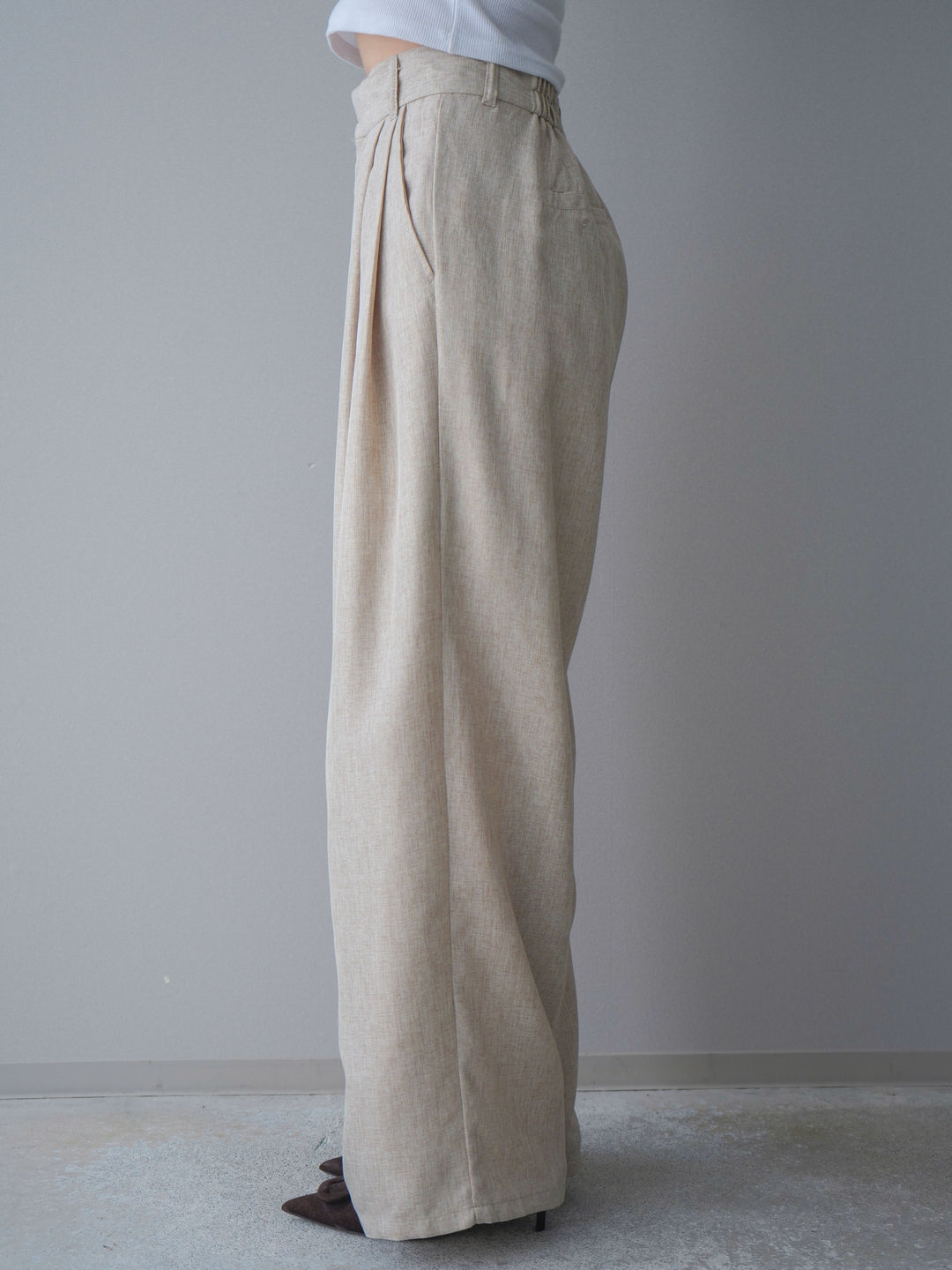 [予約]リネンライクタックワイドパンツ/oatmeal