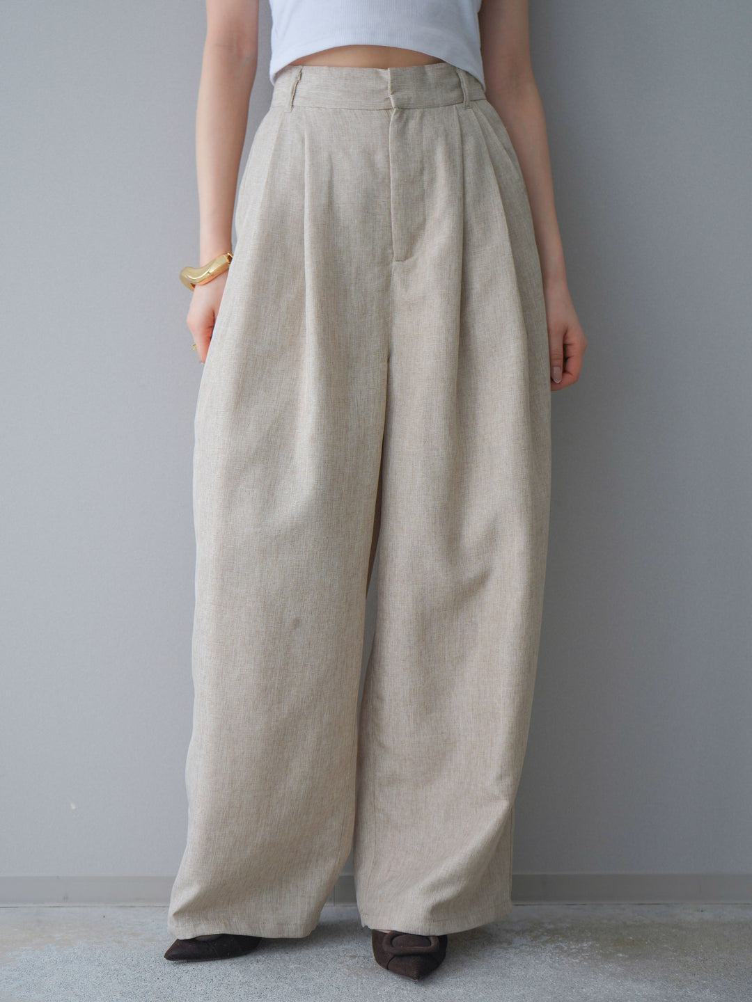 [予約]リネンライクタックワイドパンツ/oatmeal