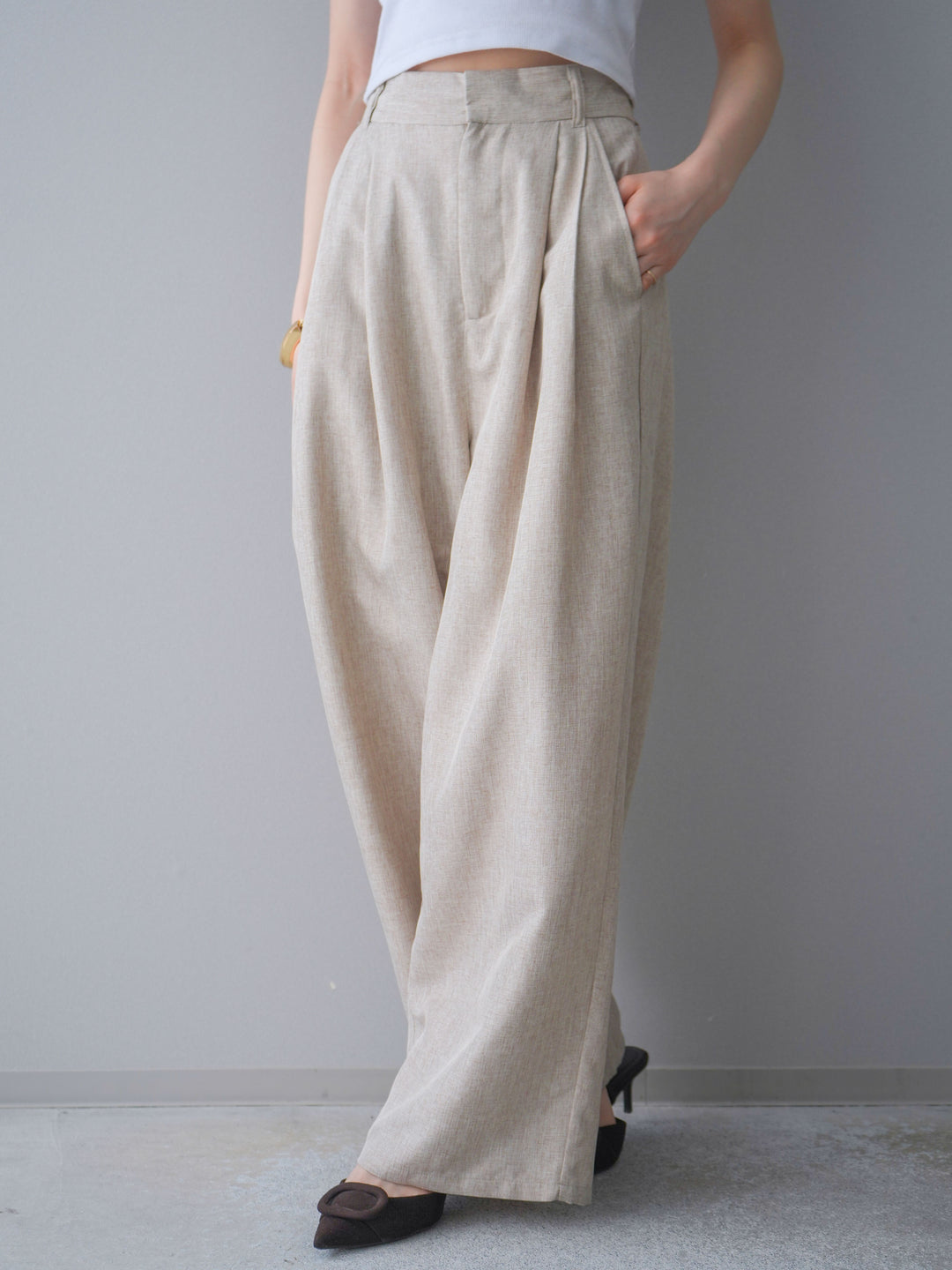 [予約]リネンライクタックワイドパンツ/oatmeal