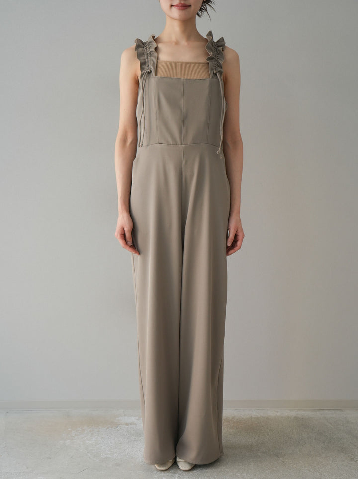 [預訂] 繫帶荷葉邊連身衣/灰褐色