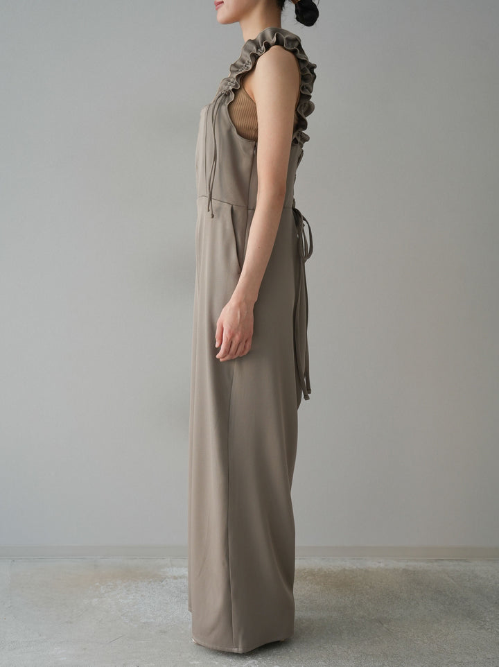 [預訂] 繫帶荷葉邊連身衣/灰褐色