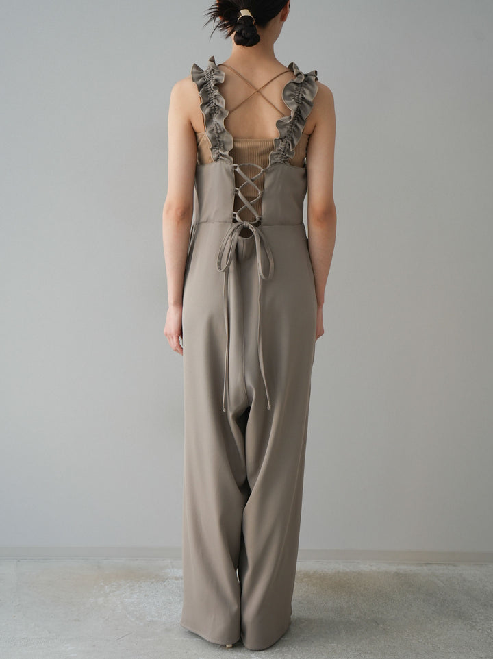 [預訂] 繫帶荷葉邊連身衣/灰褐色