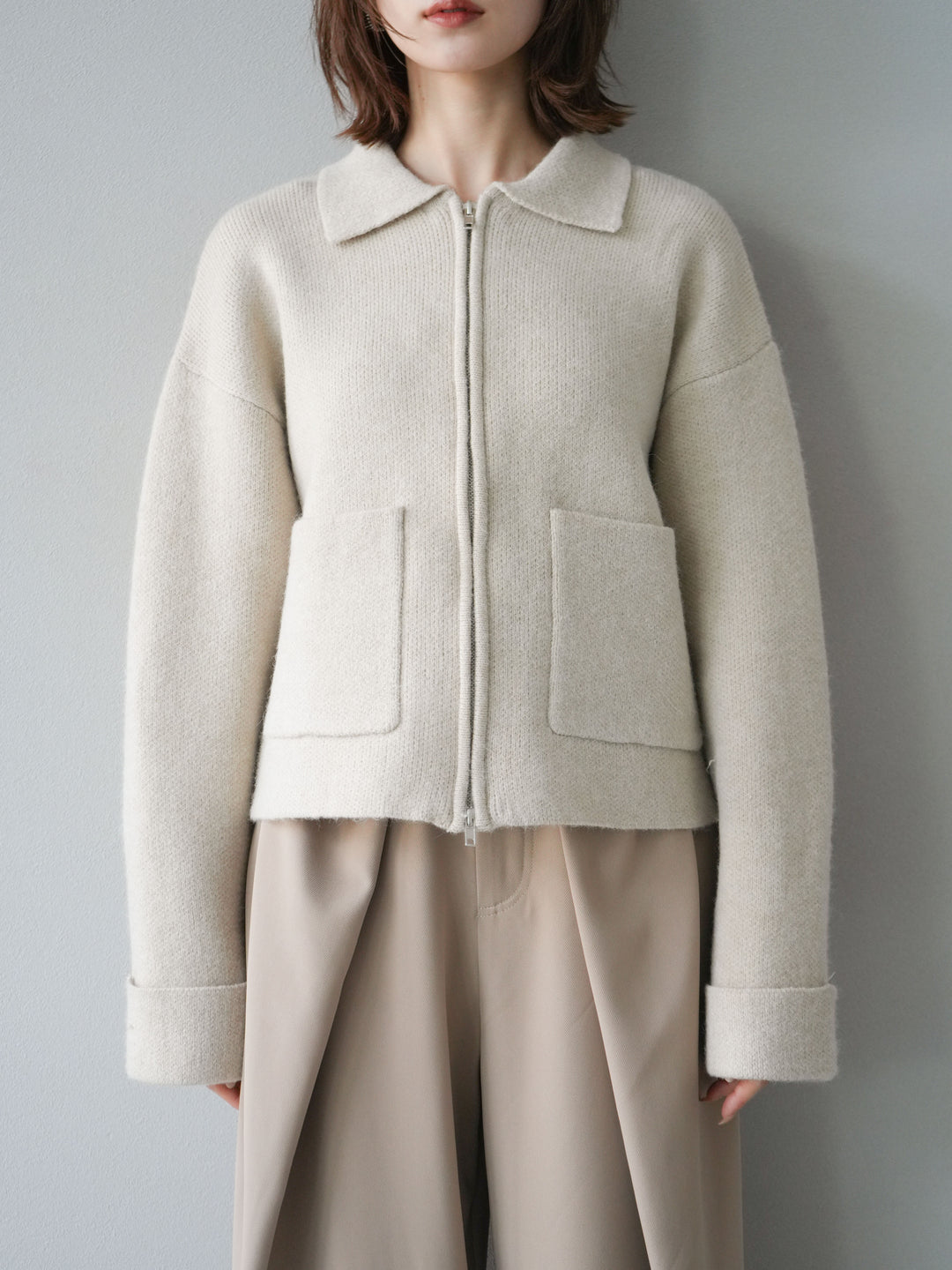 [予約]ポロ襟ジップニットカーディガン/アイボリー