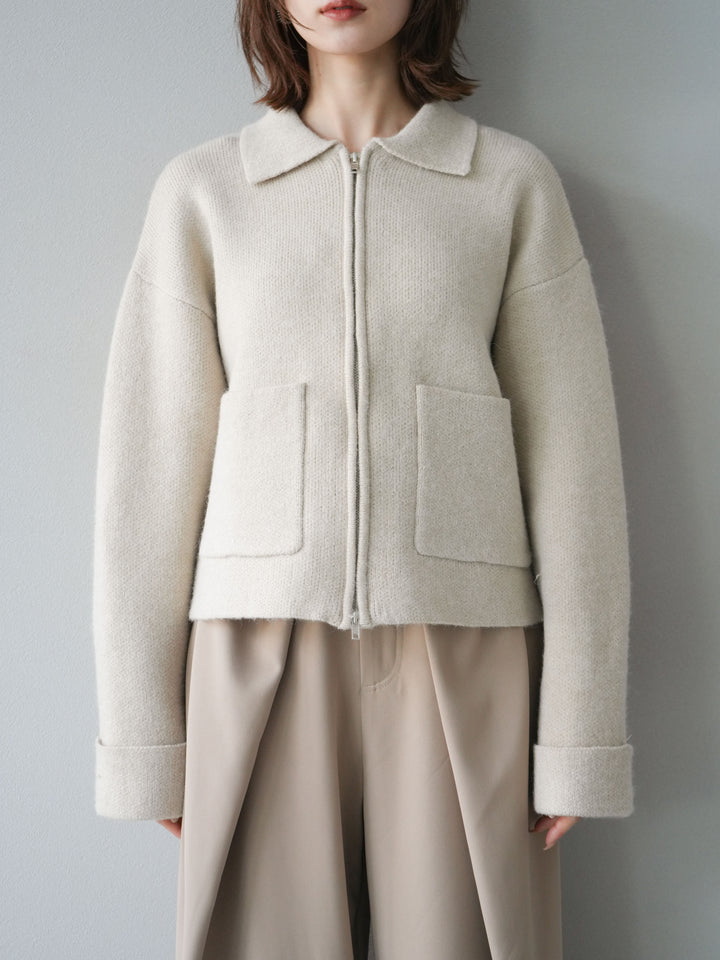 [予約]ポロ襟ジップニットカーディガン/アイボリー