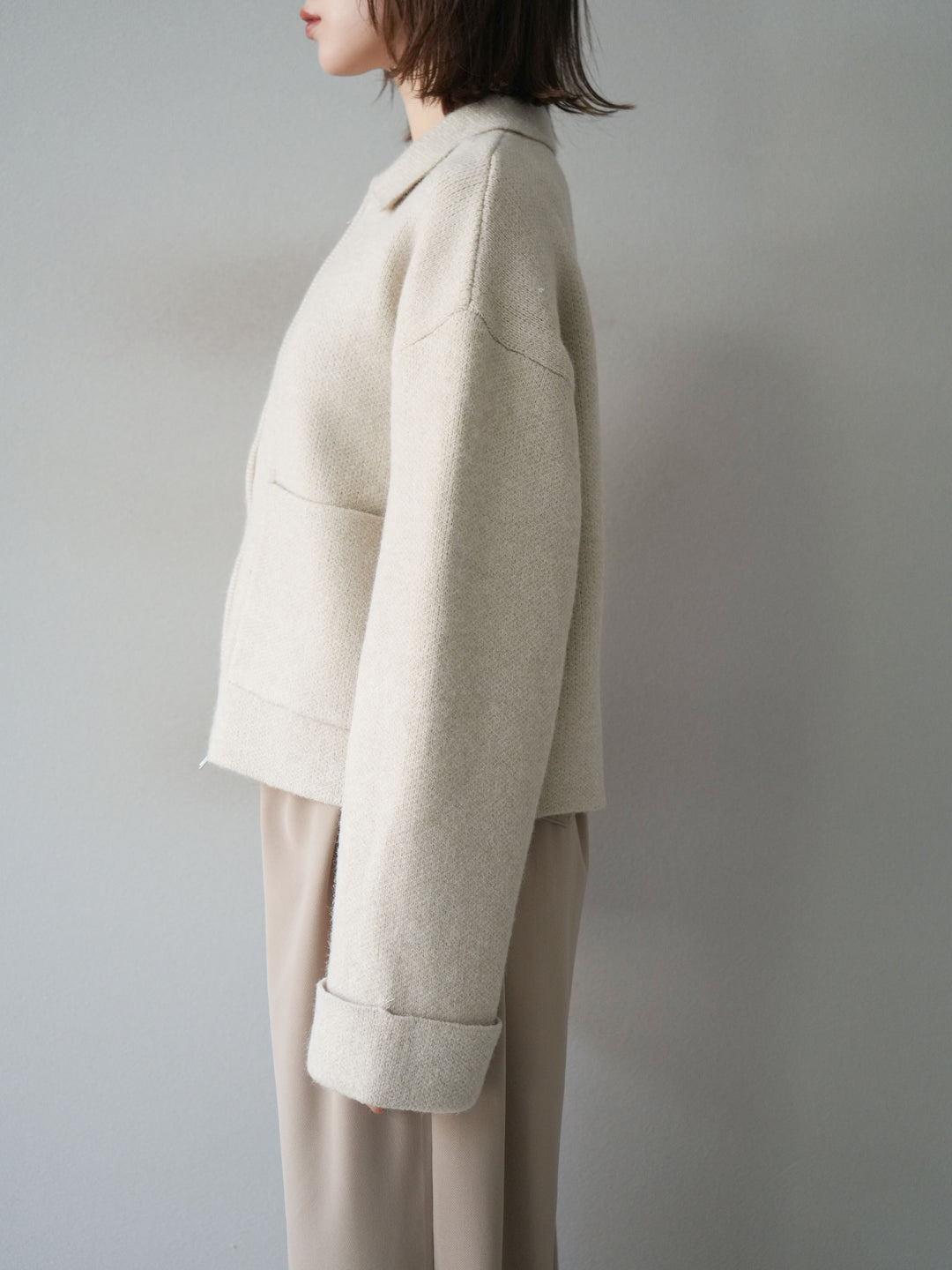 [予約]ポロ襟ジップニットカーディガン/アイボリー