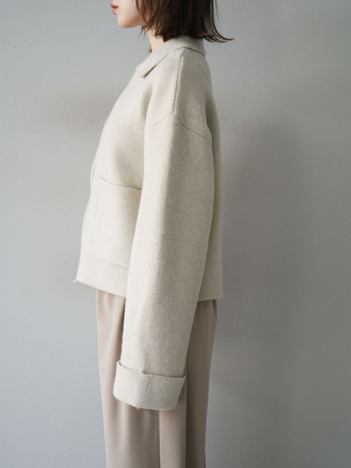 [予約]ポロ襟ジップニットカーディガン/アイボリー