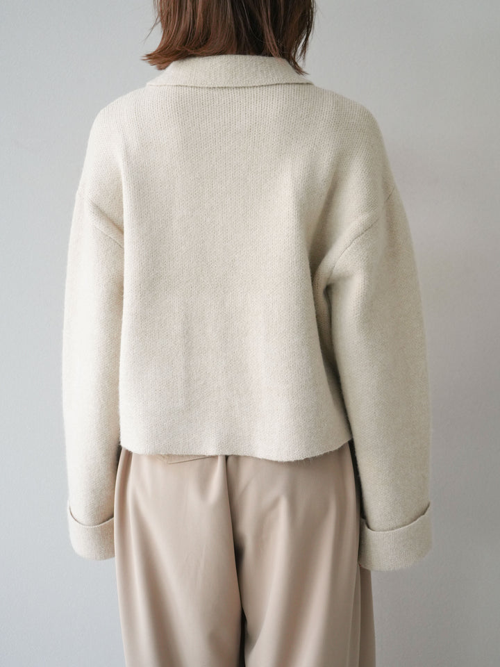 [予約]ポロ襟ジップニットカーディガン/アイボリー