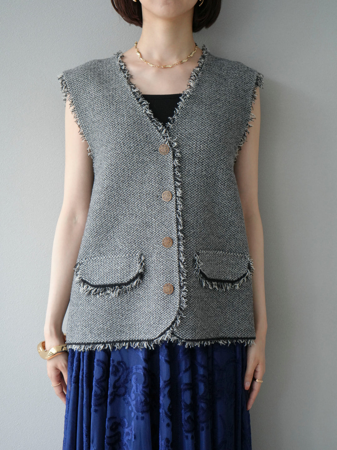 [予約]ツイードライクフリンジニットベスト/ブラック