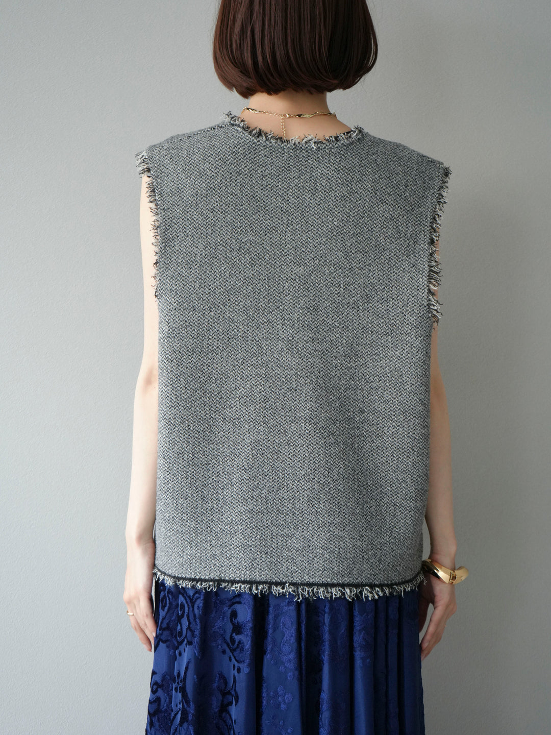 [予約]ツイードライクフリンジニットベスト/ブラック