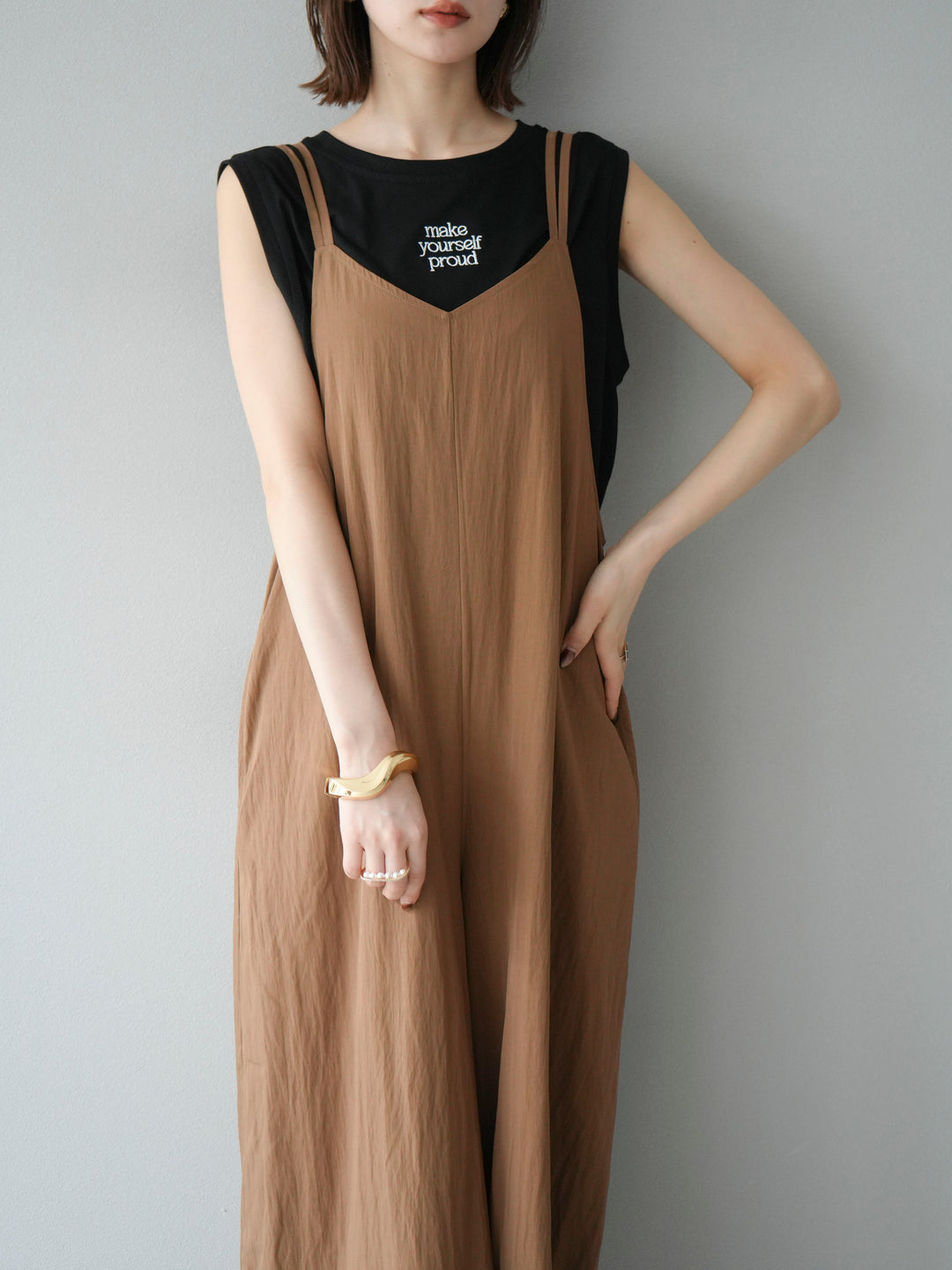 [予約]レーヨンVネックサロペット/ベージュ