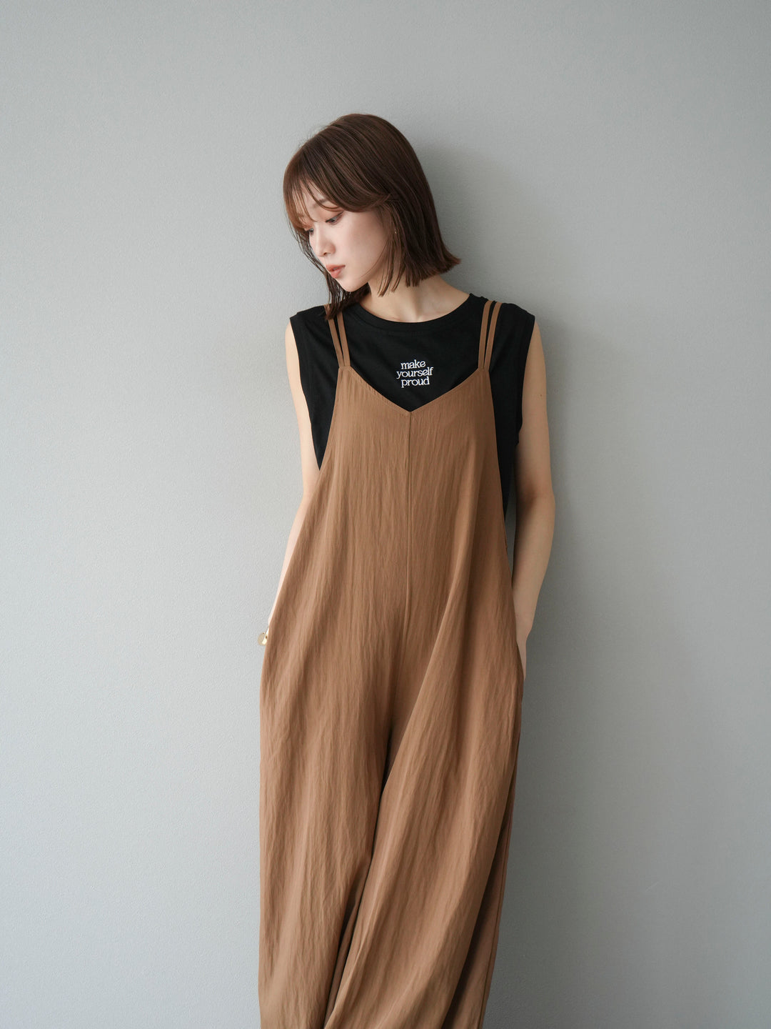 [予約]レーヨンVネックサロペット/ベージュ