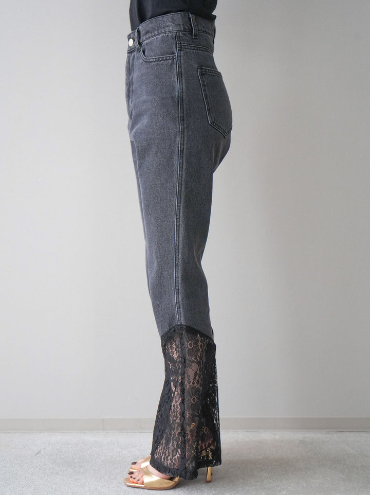 [予約]レース切替フレアデニムパンツ/black